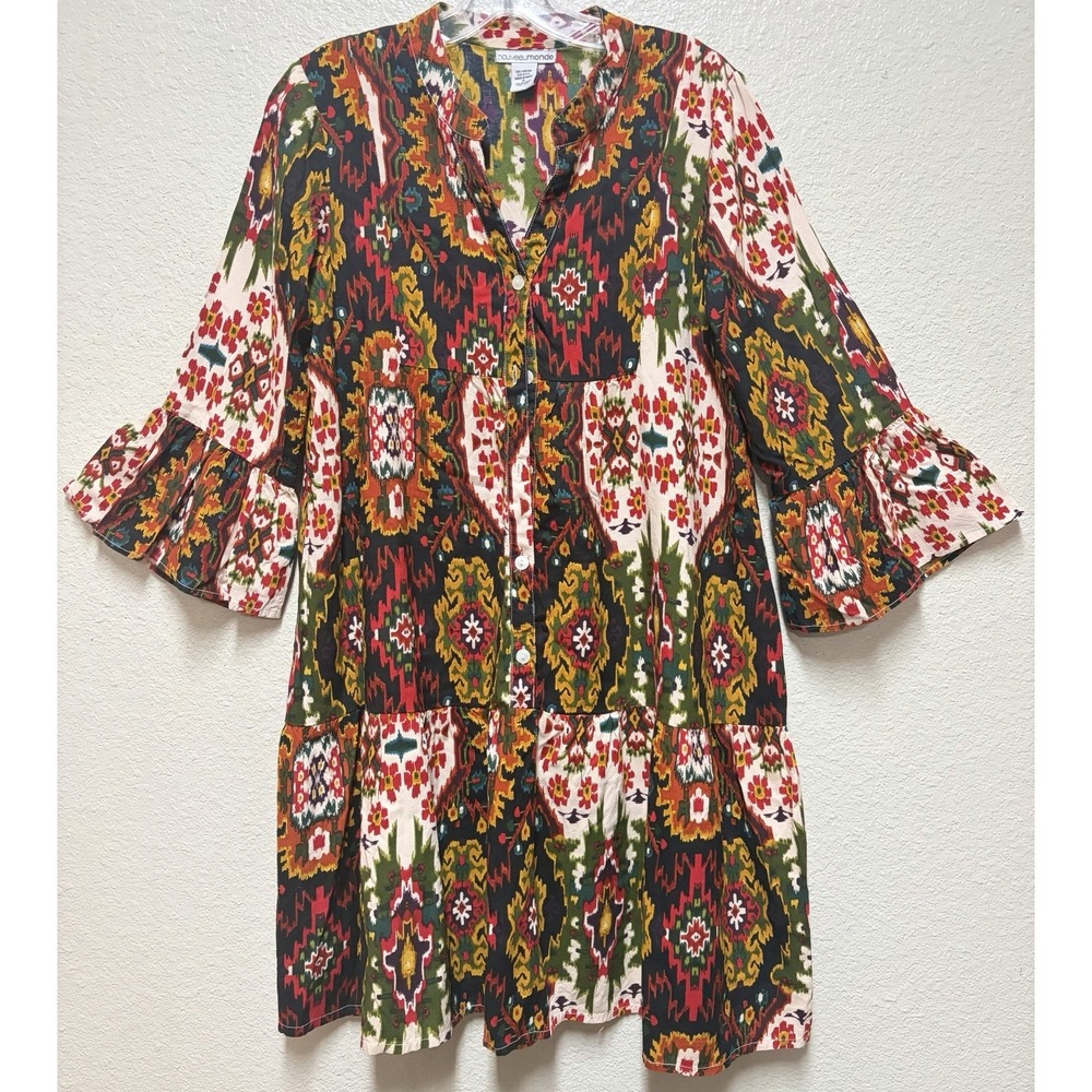 Nouveau Monde Rayon Multicolor Abstract Shirt Dress V-Neck 3/4 Bell S